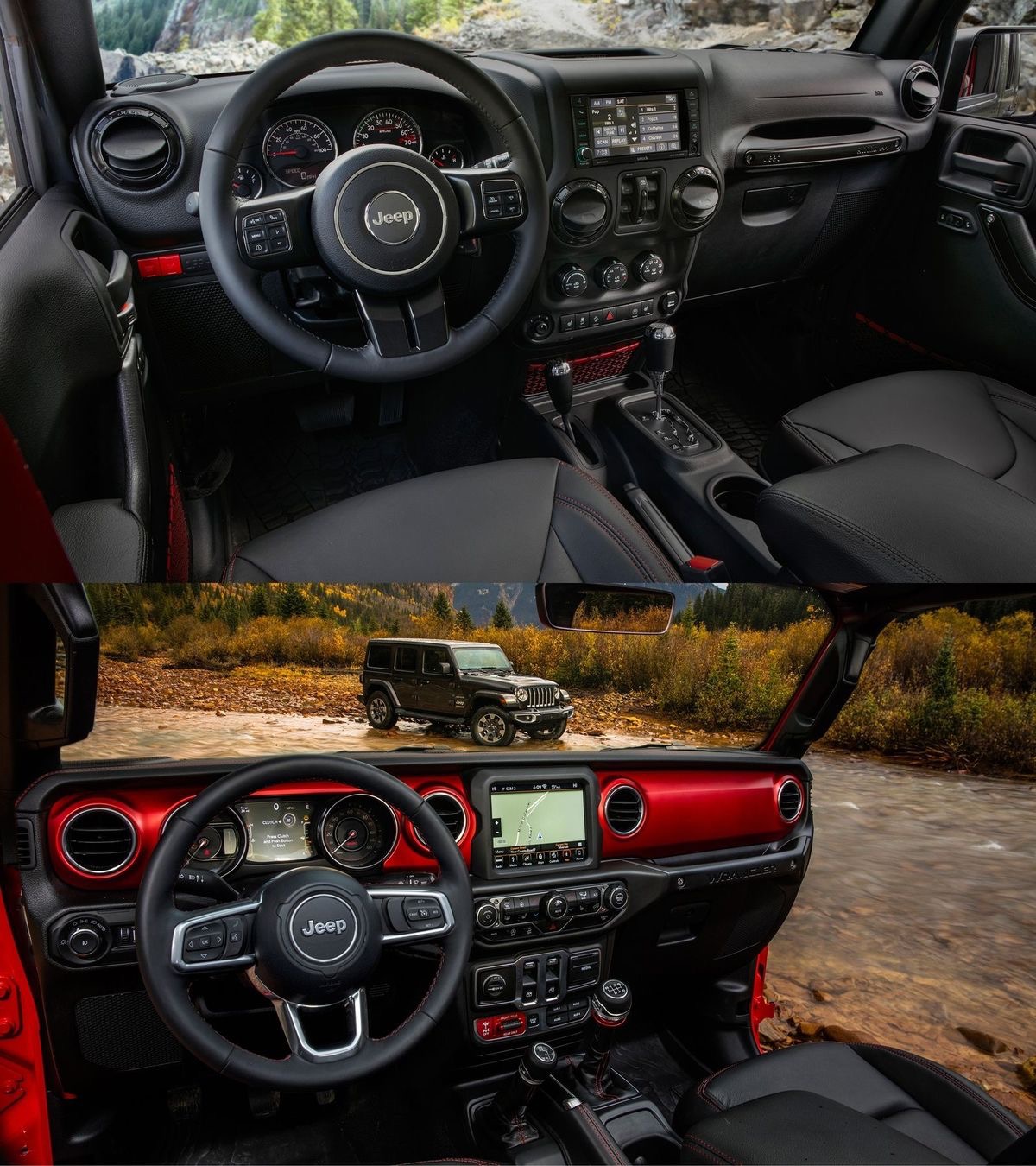 Side-by-side comparison photo of a 2018 Jeep Wrangler JK and JL dash