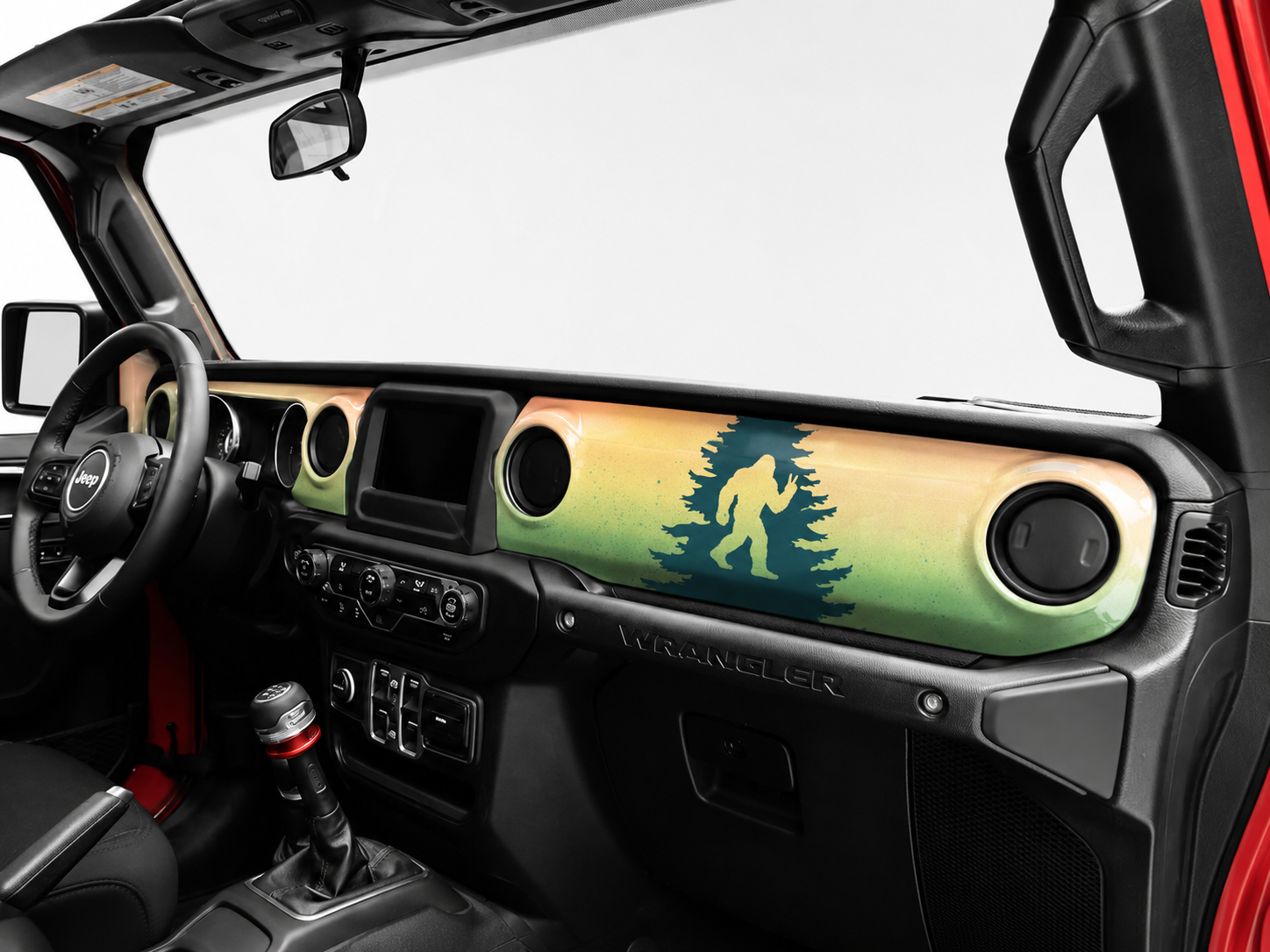 Two-piece Jeep JL dash panel set, shown here in a Trail Rebel Build design to illustrate piece shape and coverage