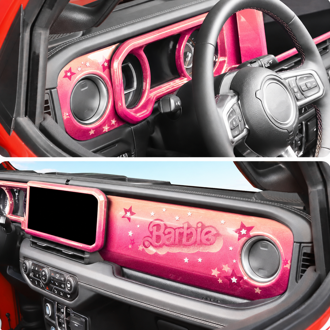 Four-piece 2024+ Jeep JL dash panel set, shown here in a Trail Rebel Build design to illustrate piece shape and coverage
