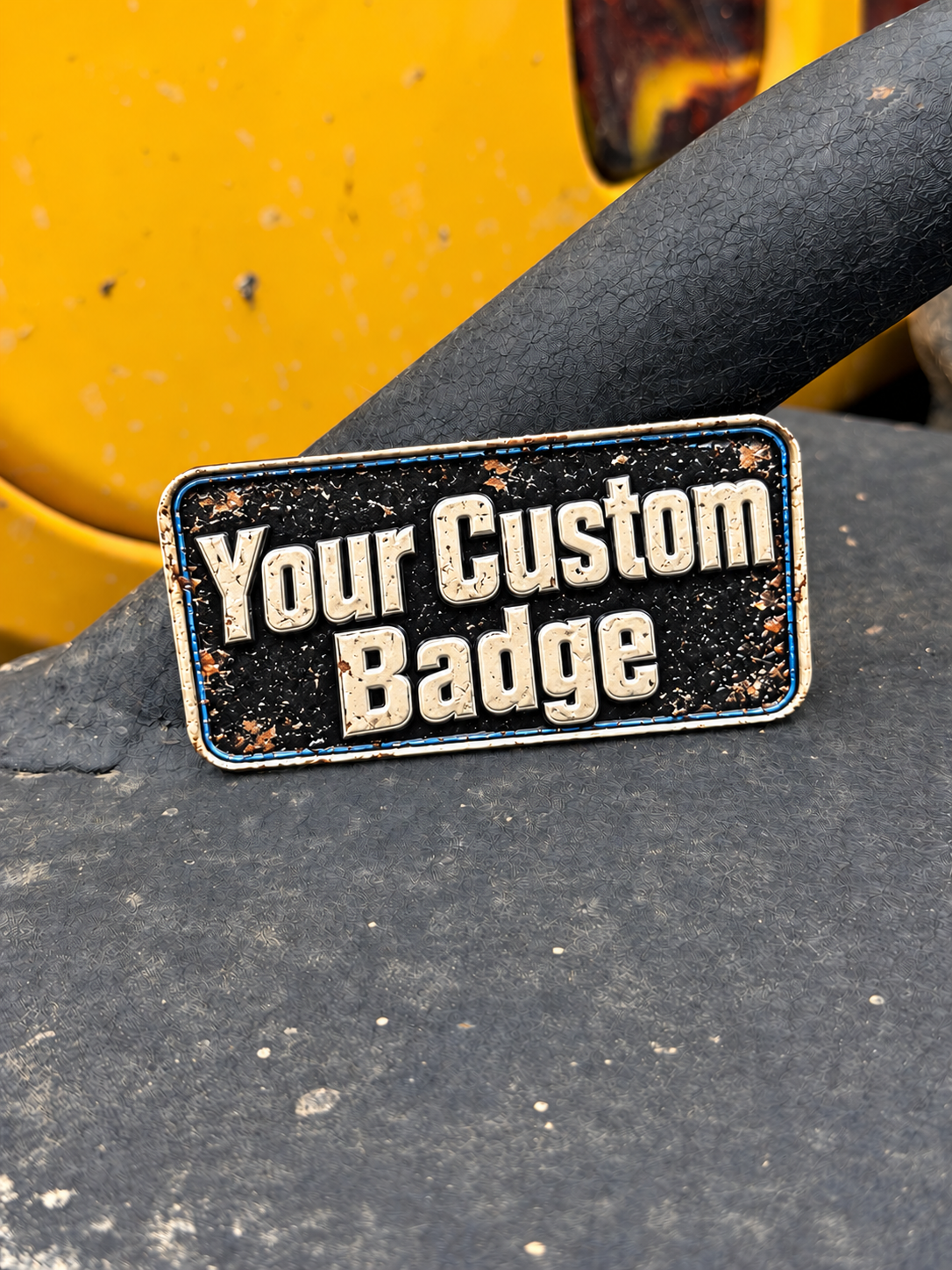 Your Custom Badge trail badge photographed on a tire