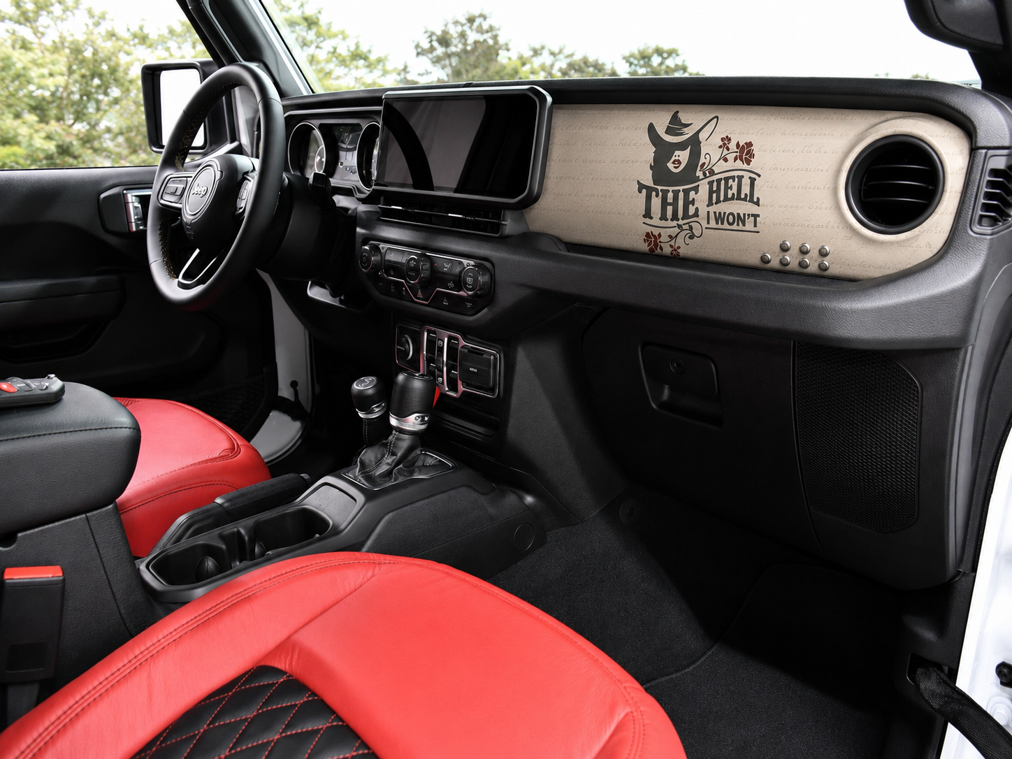 Pistol Annie custom Jeep dash with western florals, smoking pistols, and outlaw attitude