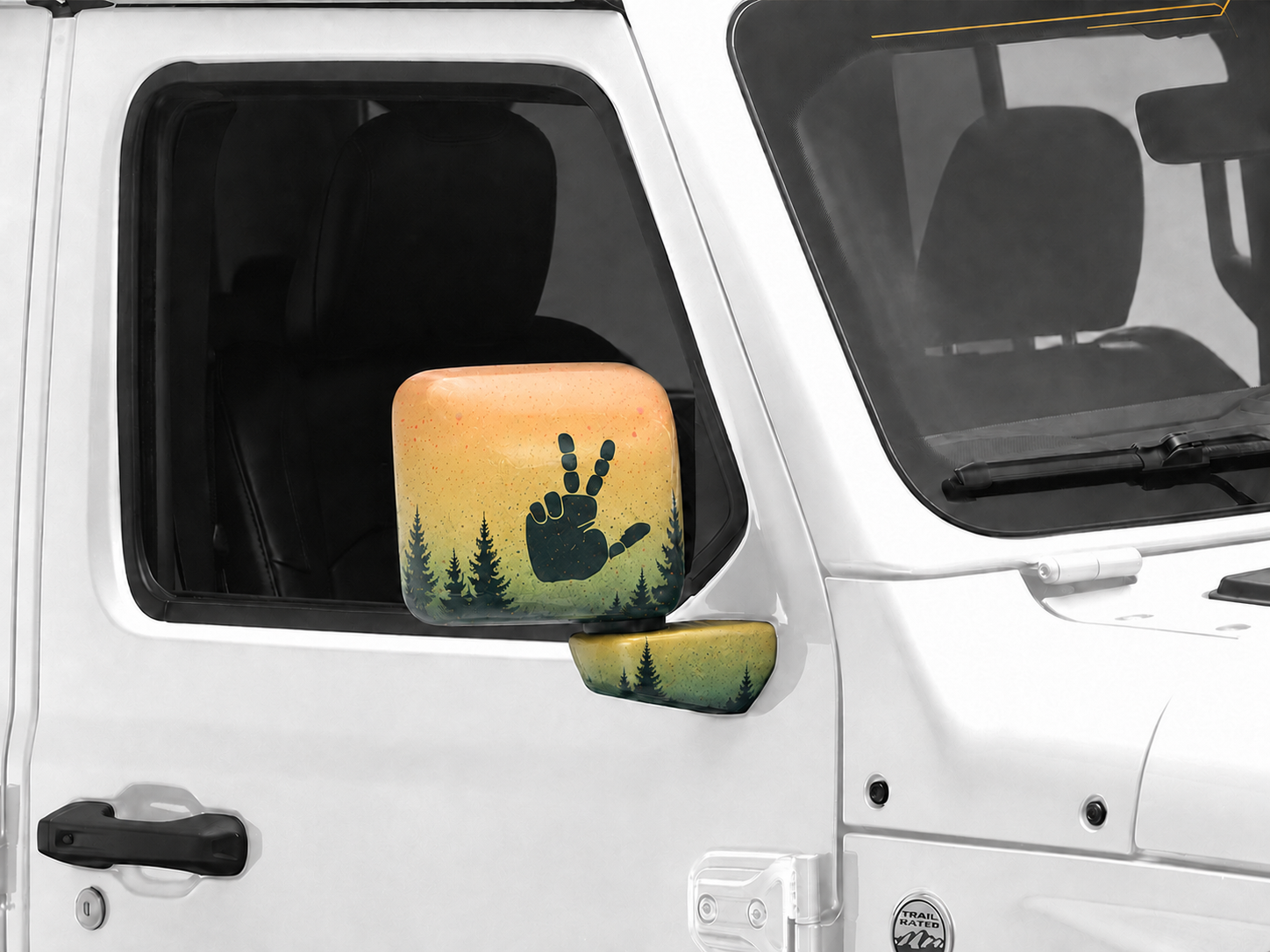 Six-piece Jeep side-view mirror trim set, shown here in a Trail Rebel Build design to illustrate piece shape and coverage