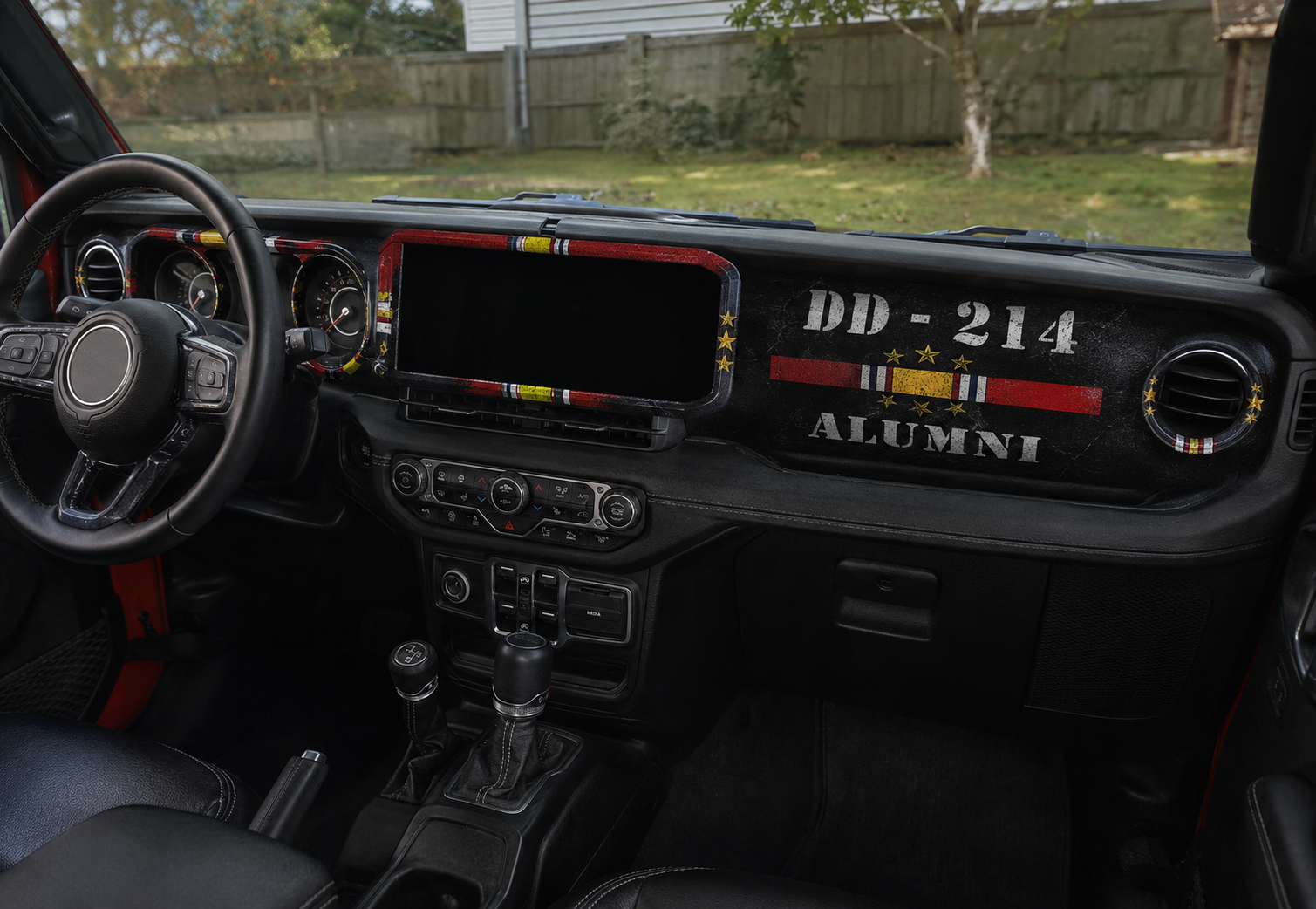 DD214 Alumni custom Jeep dash with military-inspired details and brass star rivets