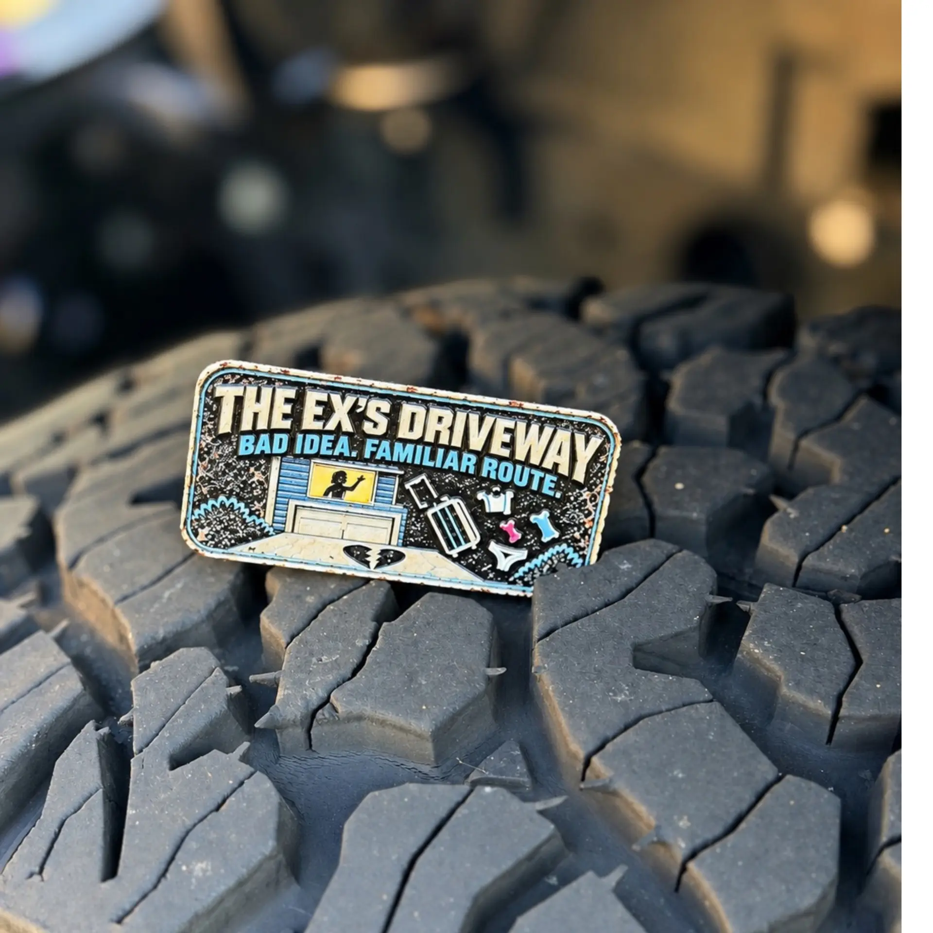 The Ex's Driveway trail badge photographed on a tire
